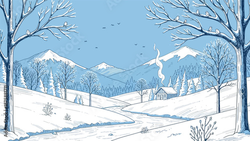 Illustration of a serene winter landscape with snow-covered mountains, trees, and rolling hills under a clear blue sky.