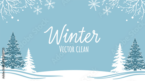 A serene winter scene with snowflakes and pine trees on a blue background with white snow and a clean vector design.
