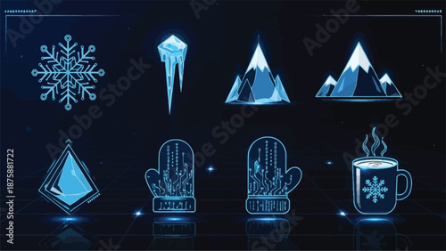Glowing blue icons of winter elements including snowflakes, mountains, mittens, and a hot drink on a dark background with a cinematic lighting effect.