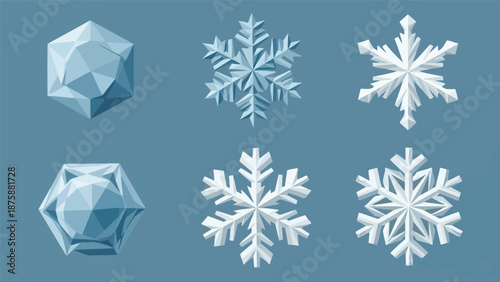 Graphic illustration of six snowflakes and two ice crystals on a blue background with white space