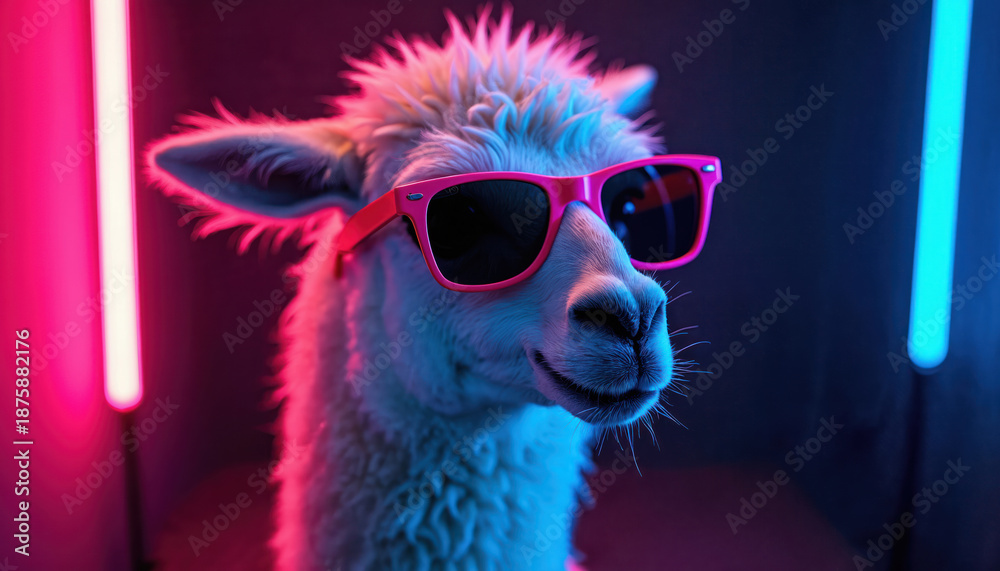 Fototapeta premium Cool llama wears pink sunglasses posing in studio with neon lights. Animal looks relaxed, trendy, its woolly coat illuminated by blue, pink vibrant glow. This unique portrait captures chill vibe.
