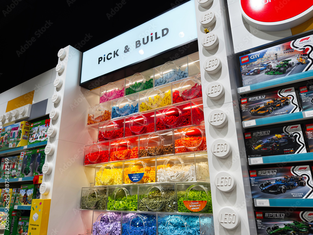 Fototapeta premium Colorful LEGO pick and build display in a toy store in Manchester UK