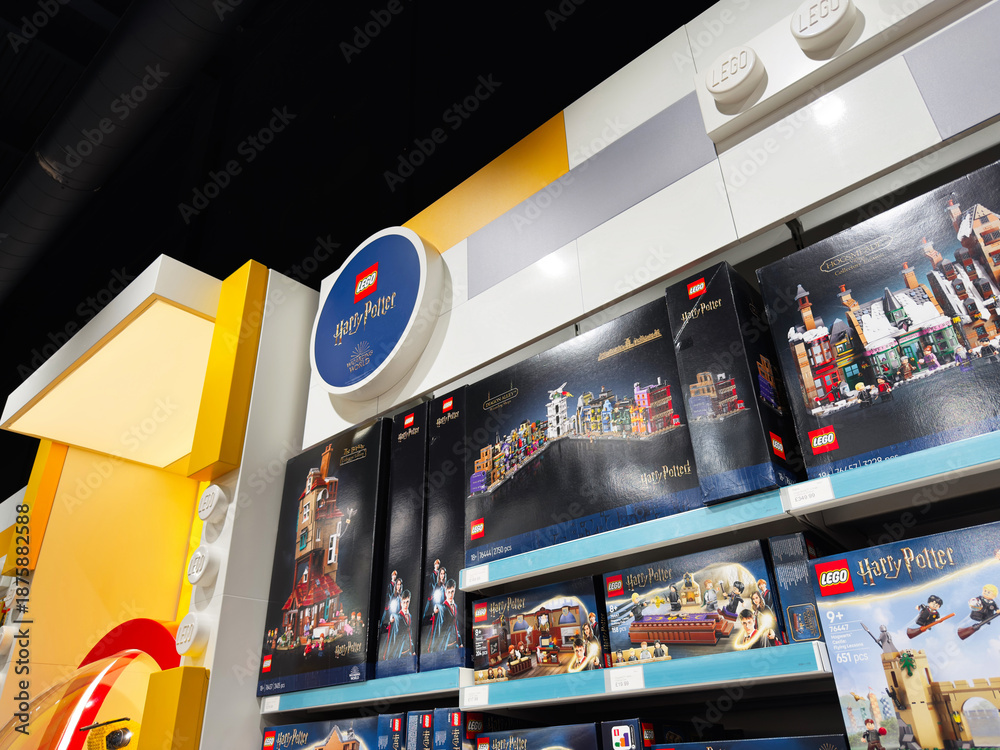 Fototapeta premium Lego Harry Potter display in Manchester shop with large brick architecture and colorful boxes