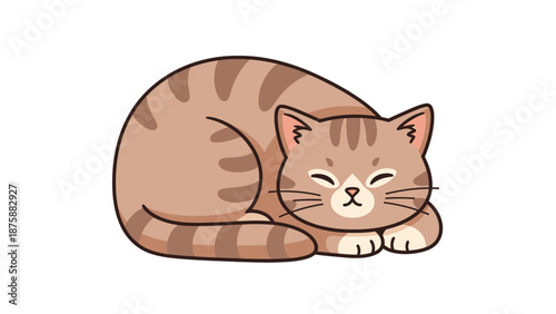 A cartoon illustration of a sleeping brown tabby cat curled up on a white background with closed eyes and a peaceful expression.