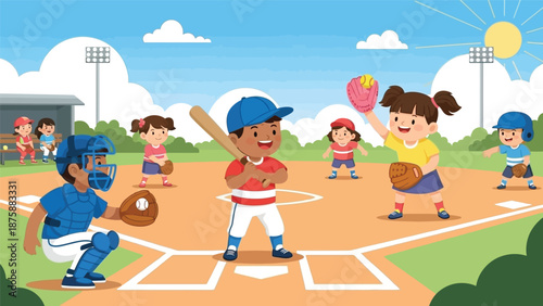Children playing baseball on a sunny day at a colorful outdoor field with a batter, catcher, and other kids in the background.