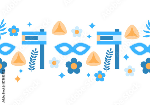 Holiday seamless border with Gomenash, hamantash pastry and carnival mask. Purim Background
