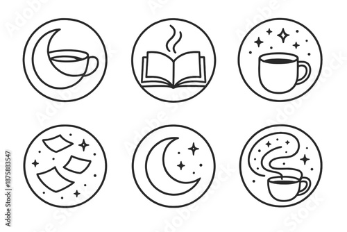 Poetic Night Icons. Line style circular vector icons of poetic night: moon-shaped cup, steam forming open book, starlit sky above