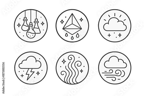 Arcane Climate Icons. Line style circular vector icons of arcane climate: potion bottles suspended in air, prism droplet fall,