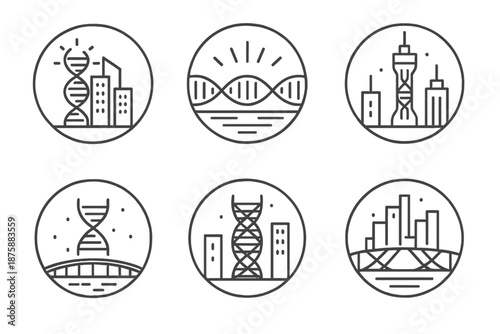 Luminous Genetics Icons. Line style circular vector icons of luminous genetics: DNA-shaped skyscrapers, glowing helix horizon,
