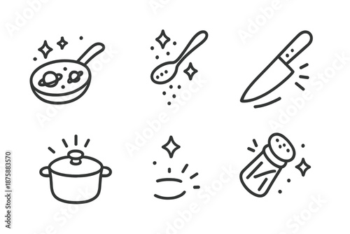 Cosmic Kitchen Icons. Line style icons of Cosmic Kitchen: frying pan with miniature planets, sparkles of seasoning, tiny floating