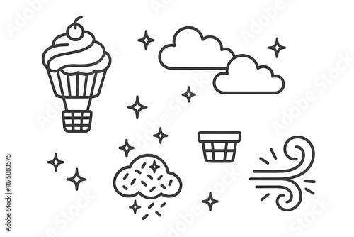 Floating Bakery Icons. Line style icons of Sky Bakery: hot air balloon as cupcake, floating cloud clusters, tiny glowing stars,