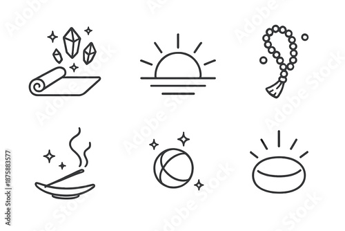 Mindful Morning Icons. Line style icons of Mindful Morning: yoga mat with levitating gemstones, glowing sunrise aura, tiny