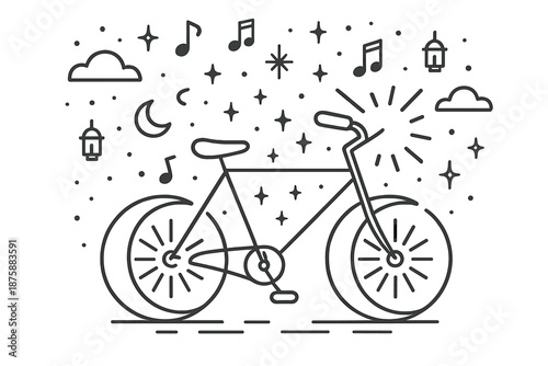 Celestial Bicycle Adventure. Line style icons of Celestial Ride: bicycle pedals forming moons, floating music symbols, glowing