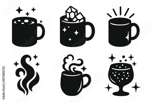 Whimsical Beverage Icons. Solid style icons of whimsical beverage elements in : mug, glowing liquid, prism foam, radiant handle,