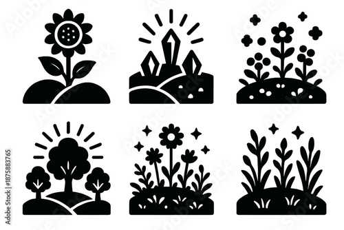 Fantasy Growth Icons. Solid style icons of fantasy growth landscapes in : sunflower, prism field, glowing meadow, radiant grove,