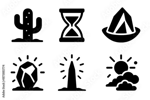 Surreal Desert Icons. Solid style icons of surreal magical desert in : cactus, hourglass, prism sand, glowing rock, radiant spire,