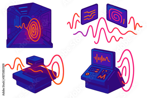Echoes in Space. Isometric vector illustration set Archaeoacoustics of Abandoned Space Stations: empty corridor with glowing sound