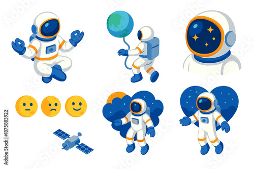 Astronauts' Tidal Locking Emotions. Isometric vector illustration set Tidal locking emotions for astronauts: floating astronaut