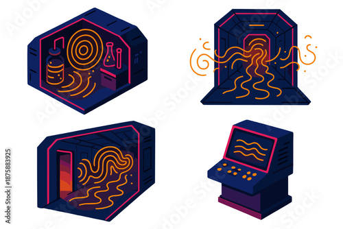 Abandoned Station Acoustics. Isometric vector illustration set Archaeoacoustics of Abandoned Space Stations: derelict lab modules