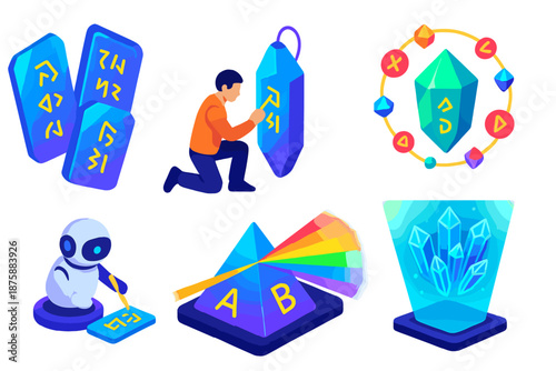 Crystalline Communication Study. Isometric vector illustration set Paleolinguistics of crystalline structures: floating crystal