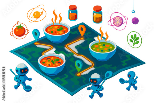 Soup Routes Adventure. Isometric vector illustration set Soup recipes as travel routes: floating map with steaming soup bowls as