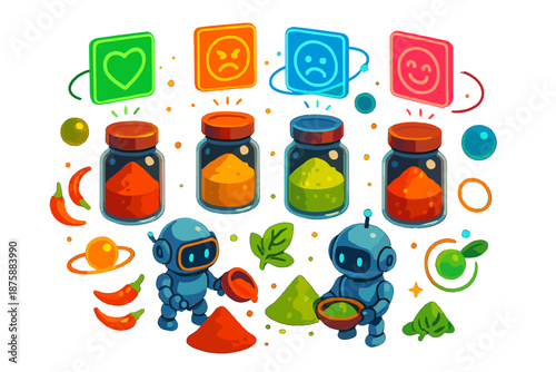 Spices and Emotions. Isometric vector illustration set Kitchen spices mapping emotions: floating spice jars with glowing emotion