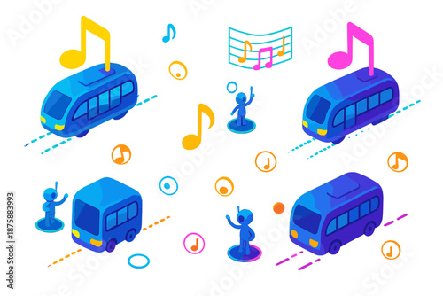 Harmonious Transit Symphony. Isometric vector illustration set Public transport as music notes: floating trains and buses