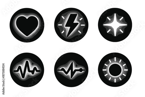 Passionate Energy Symbols. Solid style round vector icons of passionate energy: glowing heart, lightning bolt, radiant spark,