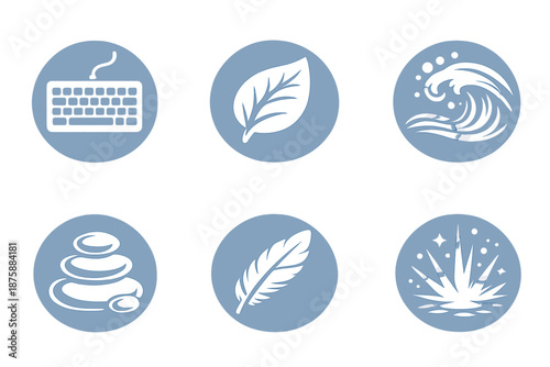 Mindful Computing Icons. Solid style round vector icons of mindful computing: keyboard, leaf, wave, zen stone, feather, light beam