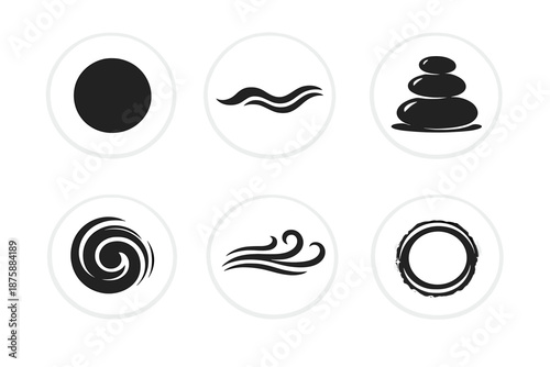 Meditative Movement Icons. Solid style round vector icons of meditative movement: circle, wave curve, stone path, swirl, air
