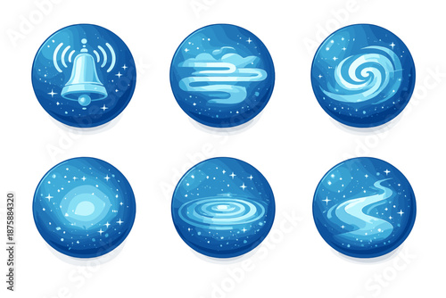 Ethereal Signal Icons. Solid style round vector icons of ethereal signal: towerbell, mist, spiral wave, haze glow, ripple, soft