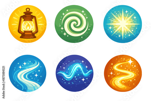 Mindful Evolution Icons. Solid style round vector icons of mindful evolution: lantern, spiral, radiance, flow curve, energy wave,