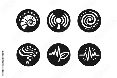 Bio Transmission Icons. Solid style round vector icons of bio transmission: shellpiece, signal, spiral, echo path, energy line,