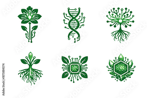 Bio-Digital Icons. Solid style icons of bio-digital harmony: flower circuit, DNA strand, neural bloom, luminous root, organic chip