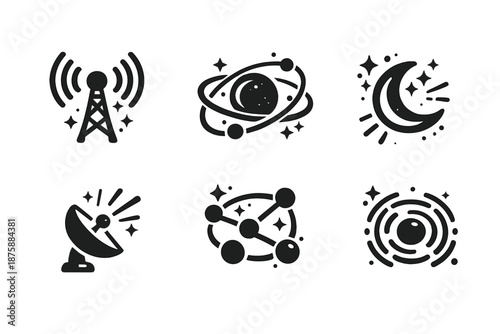 Radiant Communication Icons. Solid style icons of radiant communication: transmission arc, orbiting sphere, lunar glow, signal