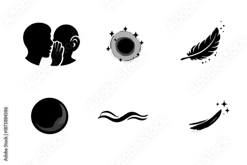 Emotional Subtlety Icons. Solid style icons of emotional subtlety: whisper line, dim glow, faint feather, inner shadow, silent