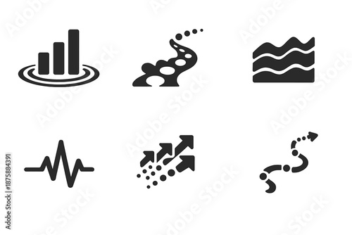 Analytical Motion Icons. Solid style icons of analytical motion: bar ripple, stream curve, layered chart, pulse wave, directional