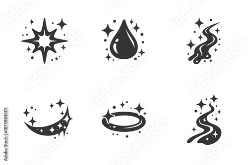 Gentle Illumination Icons. Solid style icons of Gentle Illumination: sun spark, mist drop, warm stream, radiant curve, soft halo,