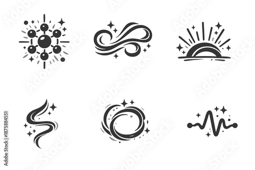 Harmonized Energy Icons. Solid style icons of Harmonized Energy: glow node, wind loop, radiant arc, gentle thread, airy circle,