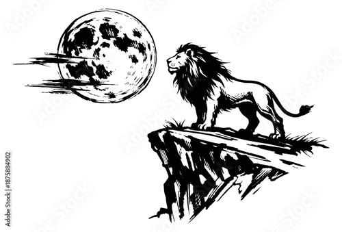 Grungy hand drawn line art illustration of a lion depicting standing on a cliff looking at a dramatic full moon for wildlife and nature designs