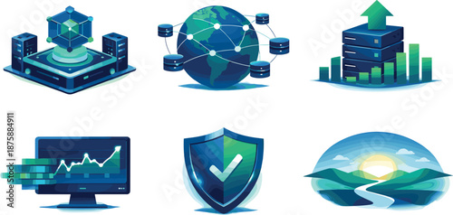 Scalable Systems Ecosystem. End-to-end scalable systems ecosystem illustration showcasing long-term growth readiness, six symbolic
