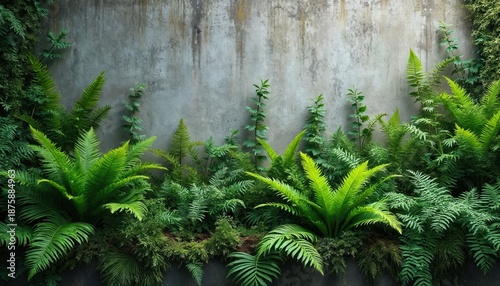 Lush green ferns and plants grow against a textured grey concrete wall, creating a natural vertical garden. Fresh foliage thrives in shade, bringing life to urban spaces, ideal for backdrop or design.