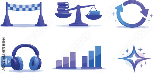 Productivity Recovery Steps. Motivation reboot infographic-style scene communicating productivity recovery steps, six symbolic