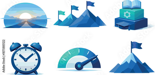 Career Planning Symbols. Intentional career mapping composition expressing future professional planning, six symbolic objects