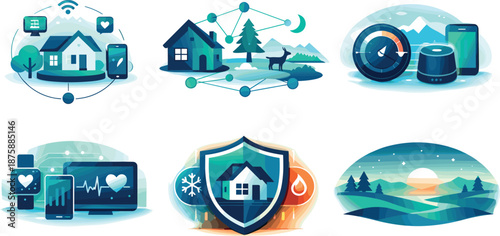 Winter Comfort Ecosystem. End-to-end winter lifestyle ecosystem illustration showcasing comfort and wellbeing, six symbolic