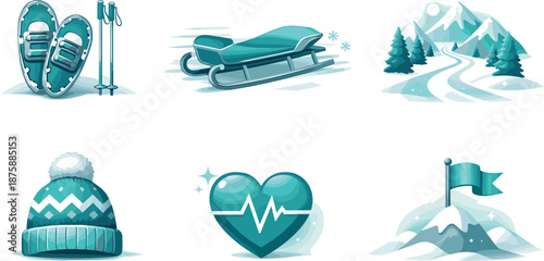 Active Winter Lifestyle. Seasonal motion composition expressing active cold weather lifestyle, six symbolic objects arranged in
