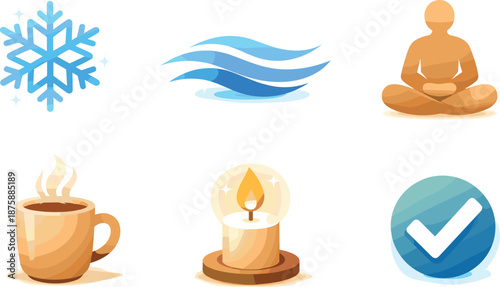 Winter Mindfulness Symbols. Quiet winter mindfulness scene illustrating mindfulness in winter, six symbolic objects arranged in