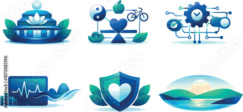 Sustainable Wellness Ecosystem. End-to-end wellness routine ecosystem illustration showcasing sustainable health and balance, six