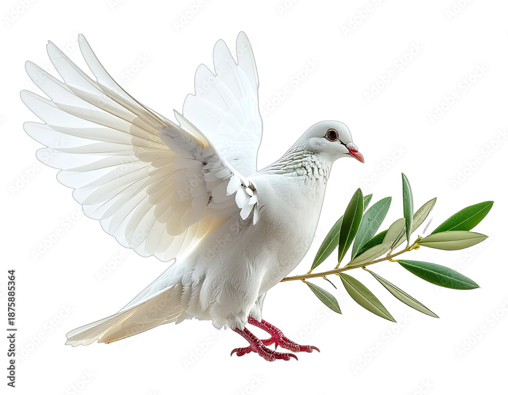 Fototapeta premium A white bird with outstretched wings holding an olive branch, isolated against a transparent background