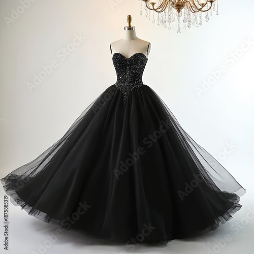 Black ball gown with sweetheart neckline, beaded bodice, and voluminous tulle skirt. Elegant formal dress perfect for galas, proms, or weddings. Luxurious designer attire with sparkling details.